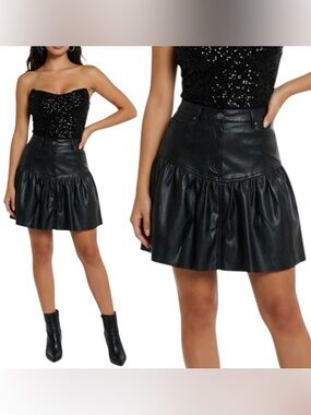 Zara Black Faux Leather High-Waisted Ruffled Western Boho Versatile Mini Skirt
